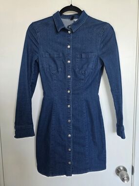 h&m blue velvet dress H&M~Woman Sz. 10~Navy Blue Velvet Unlined Dress Long Sleeve V Neck Fairy  Grunge